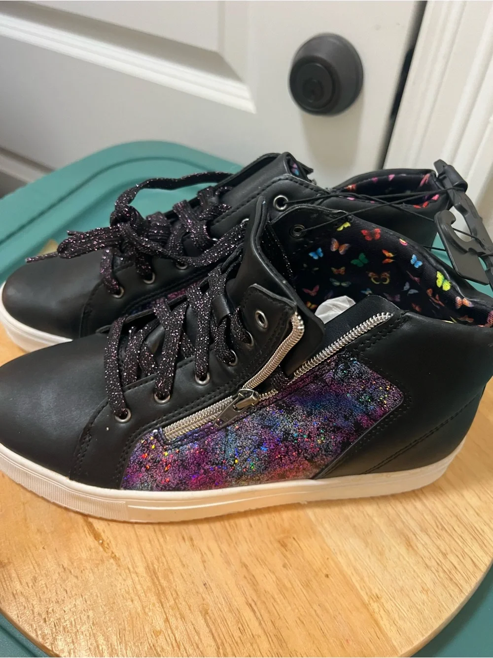 Kids Black Glitter Lace-Up Sneakers with Colorful Butterfly Print